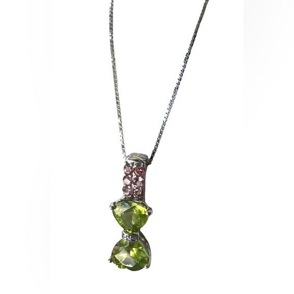 Chartreuse green peridot and pink gemstone bow pendant necklace 🎀💚 - Picture 6 of 9